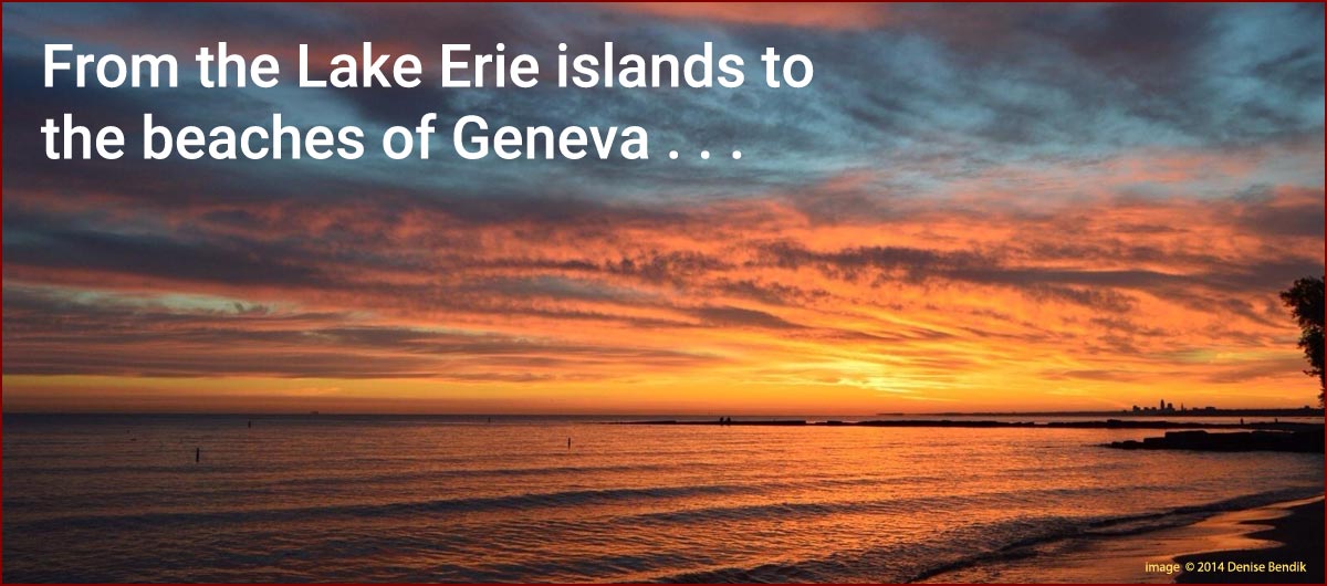 From Lake Erie Islands to the shore of Geneva on image of sunset over Lake Erie.